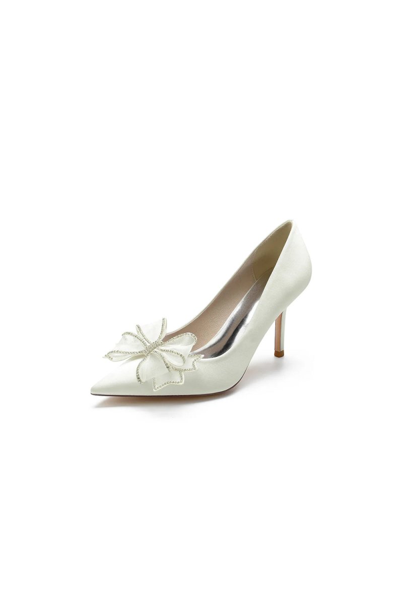 Champagne Pointed Toe Wedding Heels with Bow - KissProm