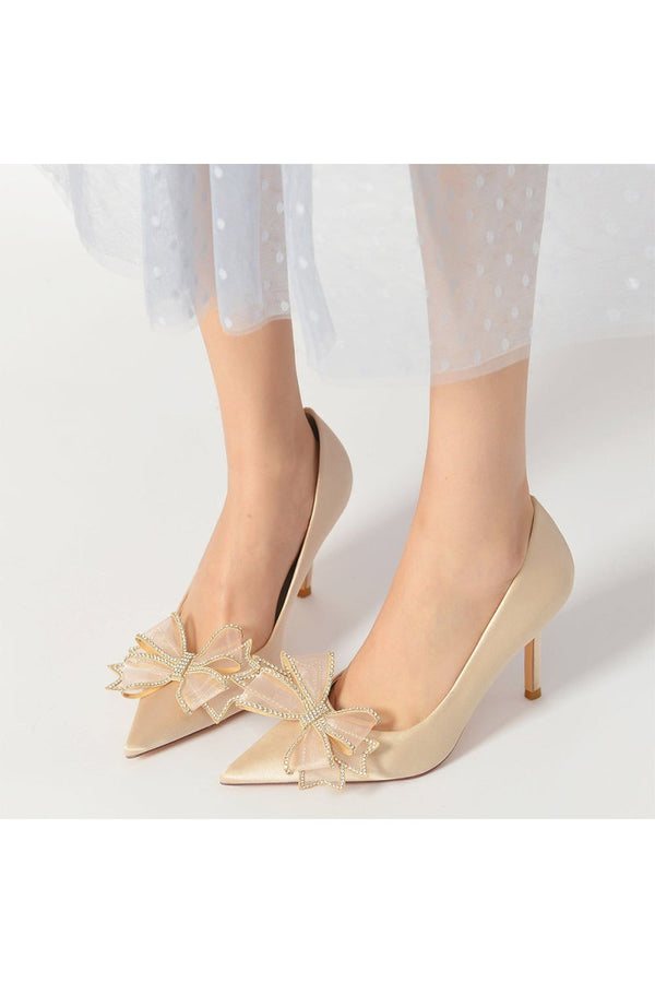 Champagne Pointed Toe Wedding Heels with Bow - KissProm