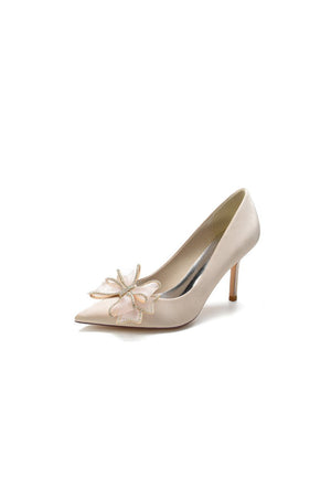 Champagne Pointed Toe Wedding Heels with Bow - KissProm