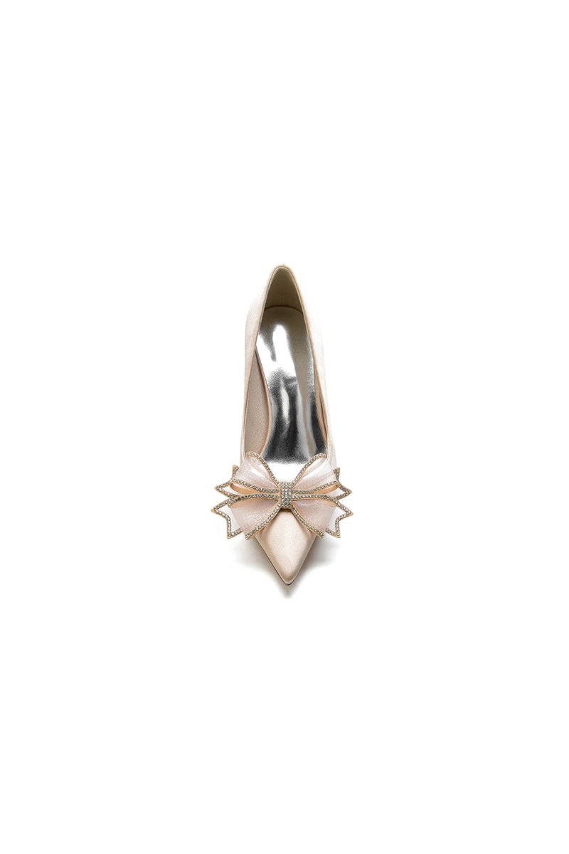 Champagne Pointed Toe Wedding Heels with Bow - KissProm