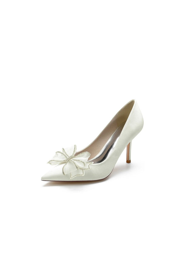Champagne Pointed Toe Wedding Heels with Bow - KissProm