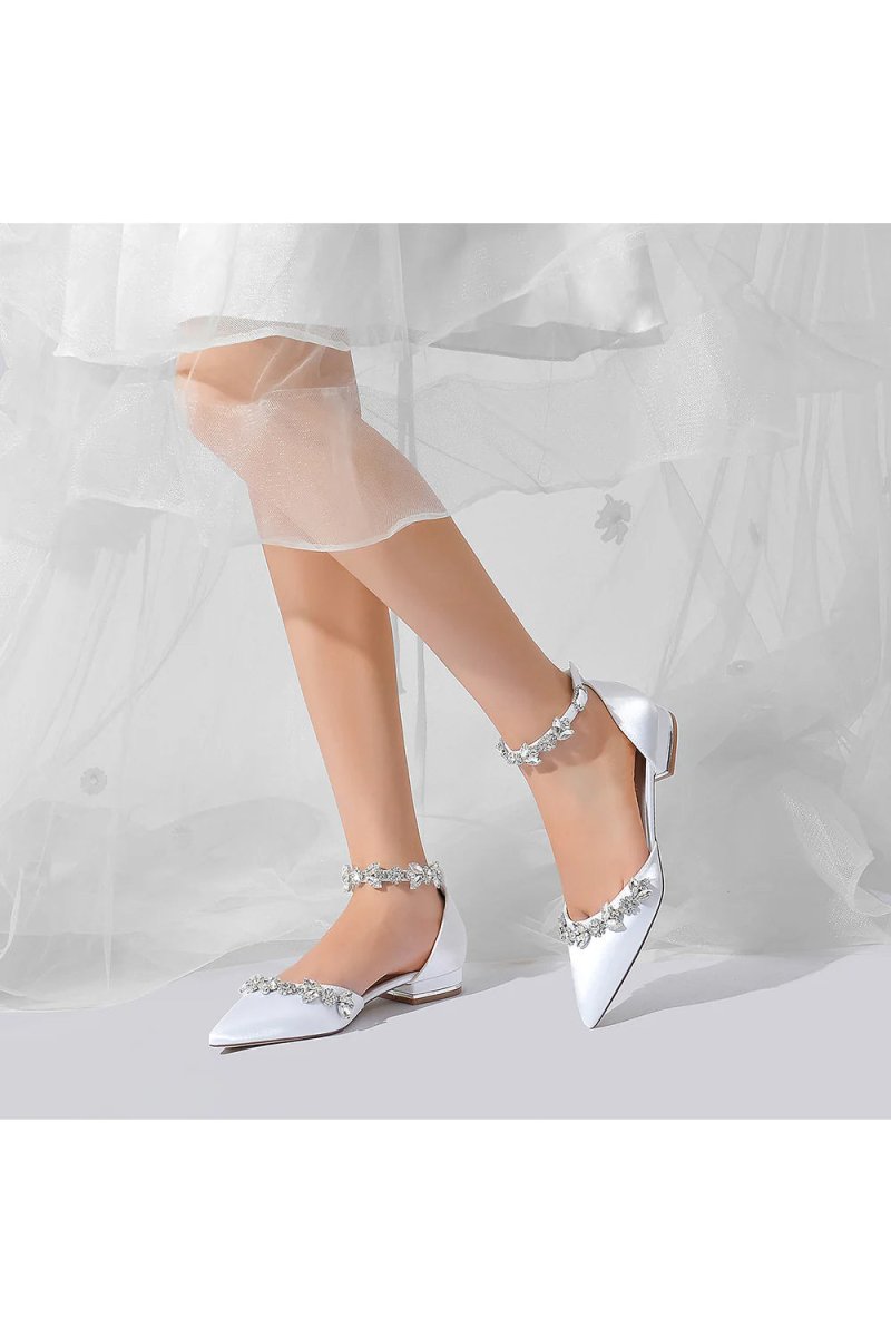 Pointed Toe Rhinestone Beaded Ankle Strap Kitten Heels - KissProm