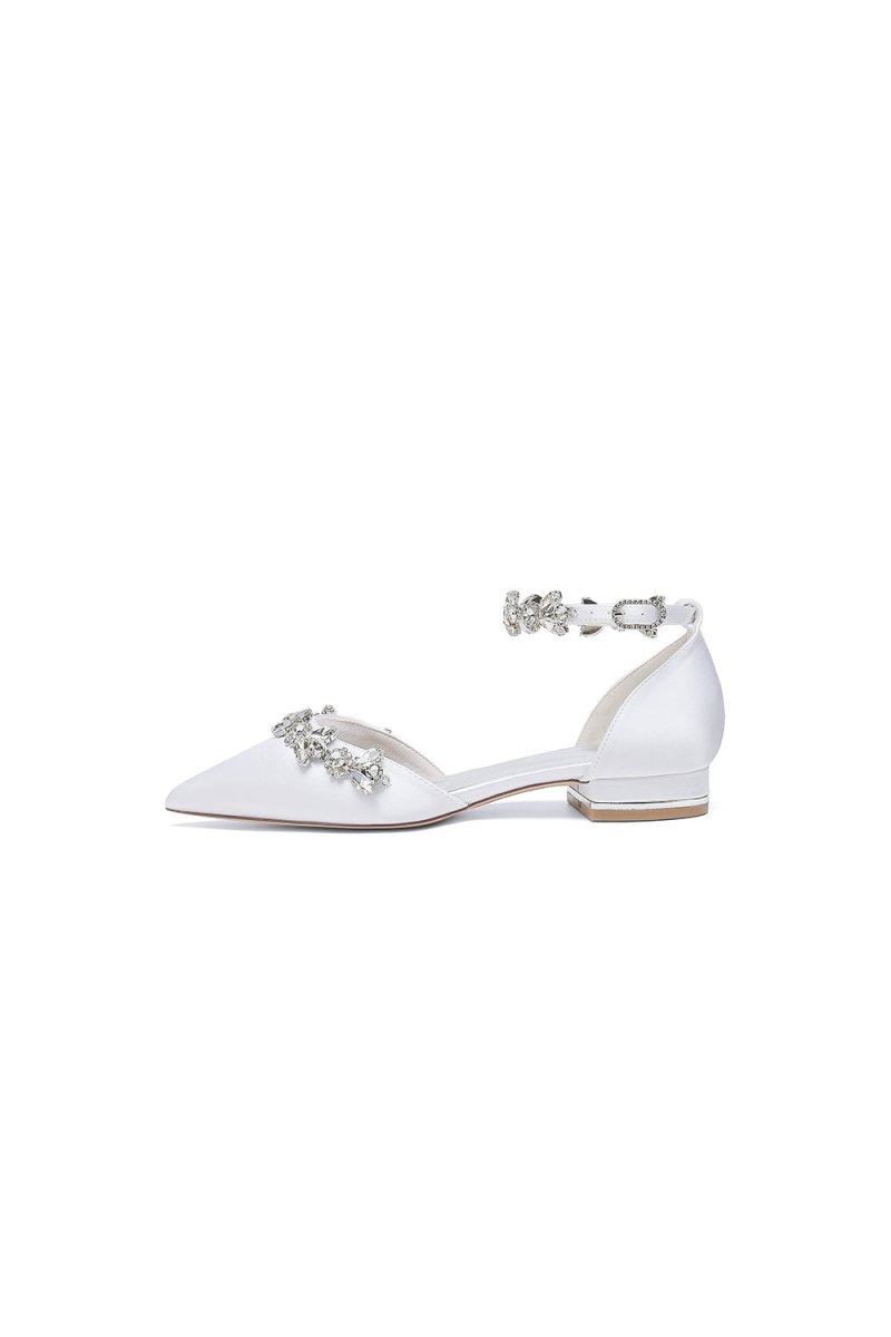 Pointed Toe Rhinestone Beaded Ankle Strap Kitten Heels - KissProm