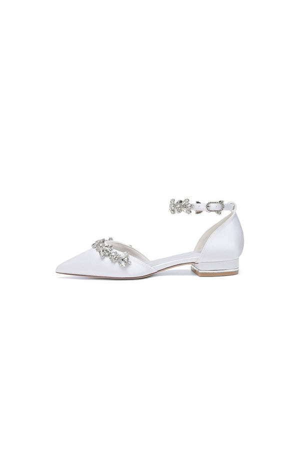 Pointed Toe Rhinestone Beaded Ankle Strap Kitten Heels - KissProm