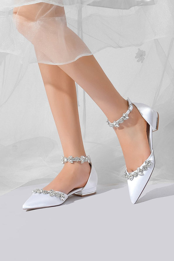 Pointed Toe Rhinestone Beaded Ankle Strap Kitten Heels - KissProm