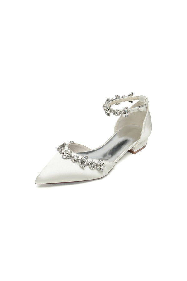 Pointed Toe Rhinestone Beaded Ankle Strap Kitten Heels - KissProm