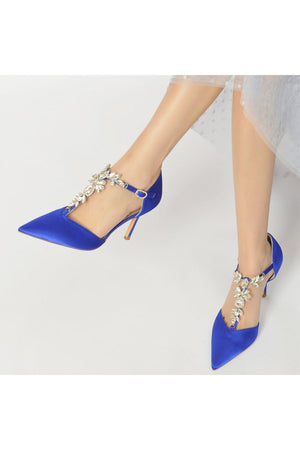 Pointed Toe Rhinestone Strap High Heels - KissProm