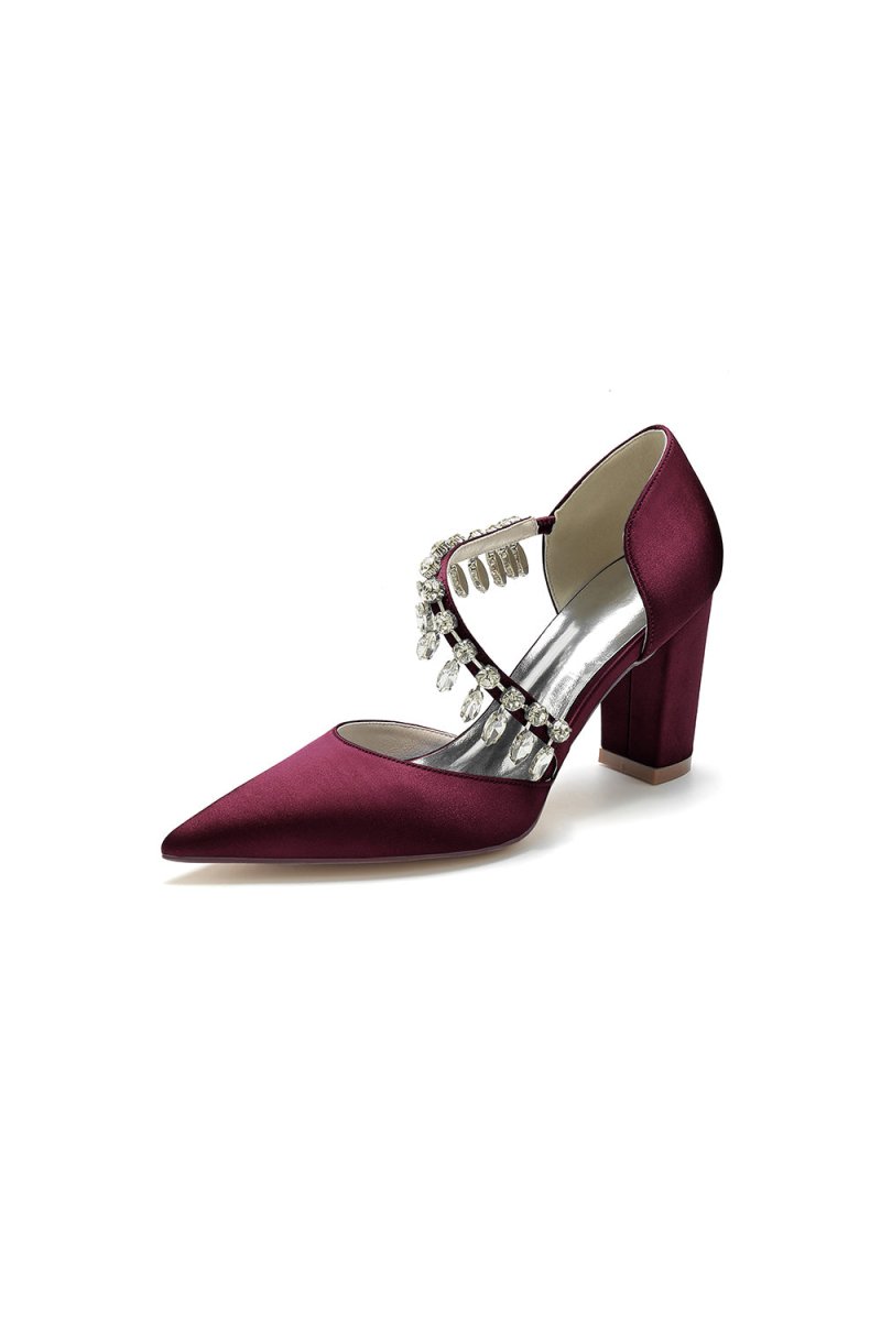 Pointed Toe Rhinestone Tassel Strappy Chunky Heels - KissProm