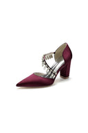 Pointed Toe Rhinestone Tassel Strappy Chunky Heels - KissProm