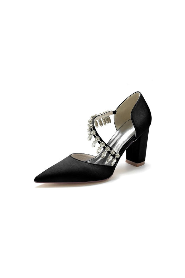 Pointed Toe Rhinestone Tassel Strappy Chunky Heels - KissProm