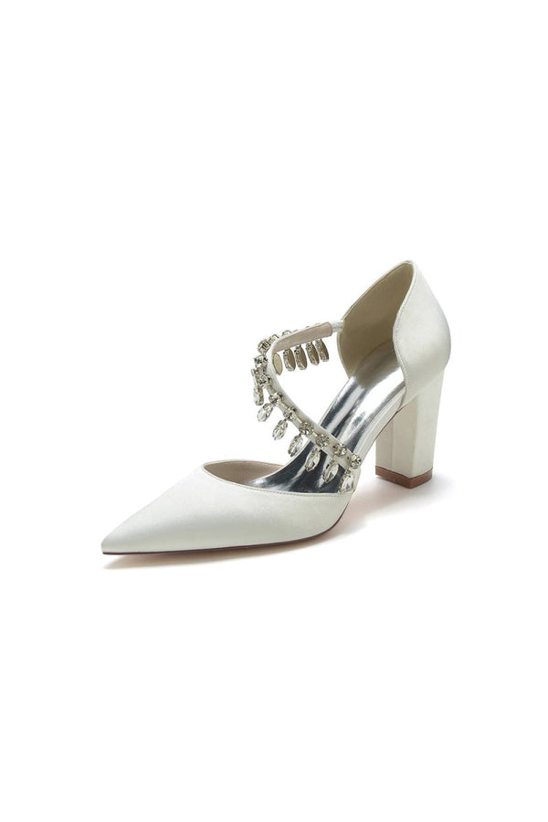 Pointed Toe Rhinestone Tassel Strappy Chunky Heels - KissProm