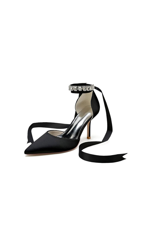 Pointed Toe Stiletto Heels with Ribbon Tie - KissProm