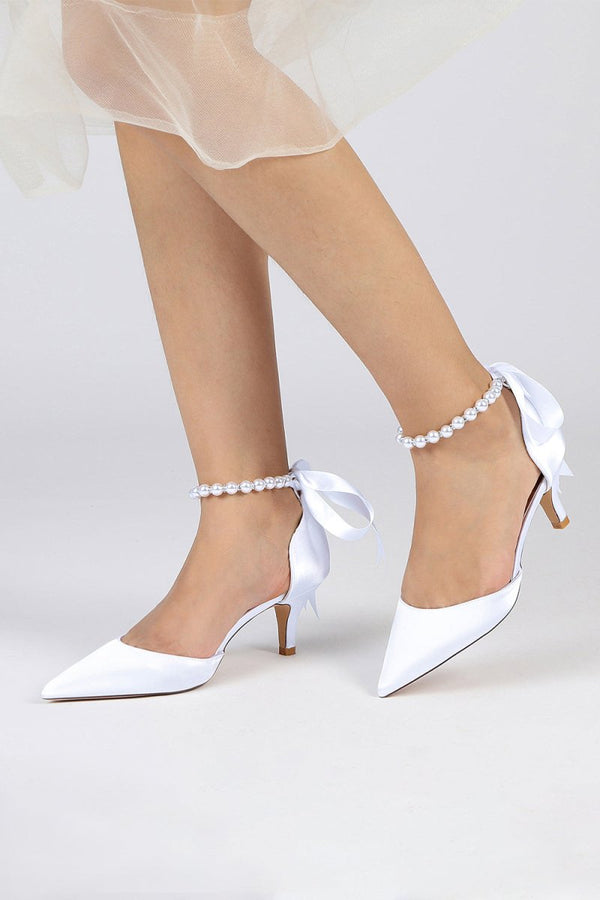 Pointed Toe Ribbons Faux Pearl Pumps - KissProm