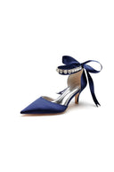 Pointed Toe Ribbons Kitten Heels With Diamond - KissProm