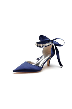 Pointed Toe Ribbons Kitten Heels With Diamond - KissProm