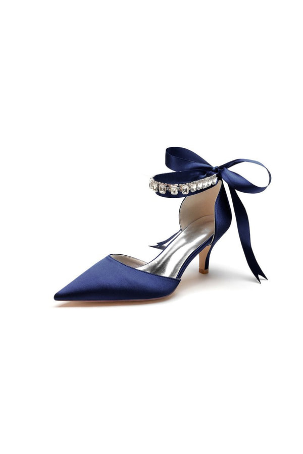 Pointed Toe Ribbons Kitten Heels With Diamond - KissProm