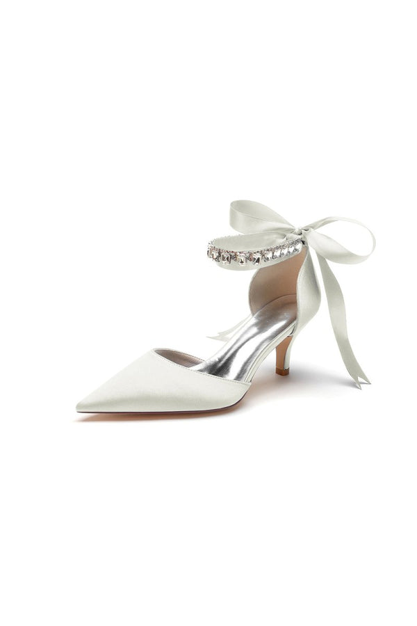 Pointed Toe Ribbons Kitten Heels With Diamond - KissProm