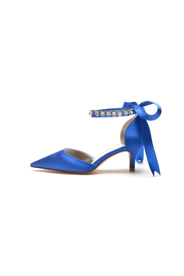 Pointed Toe Ribbons Kitten Heels With Diamond - KissProm