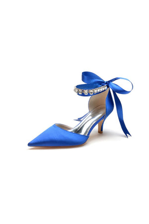 Pointed Toe Ribbons Kitten Heels With Diamond - KissProm