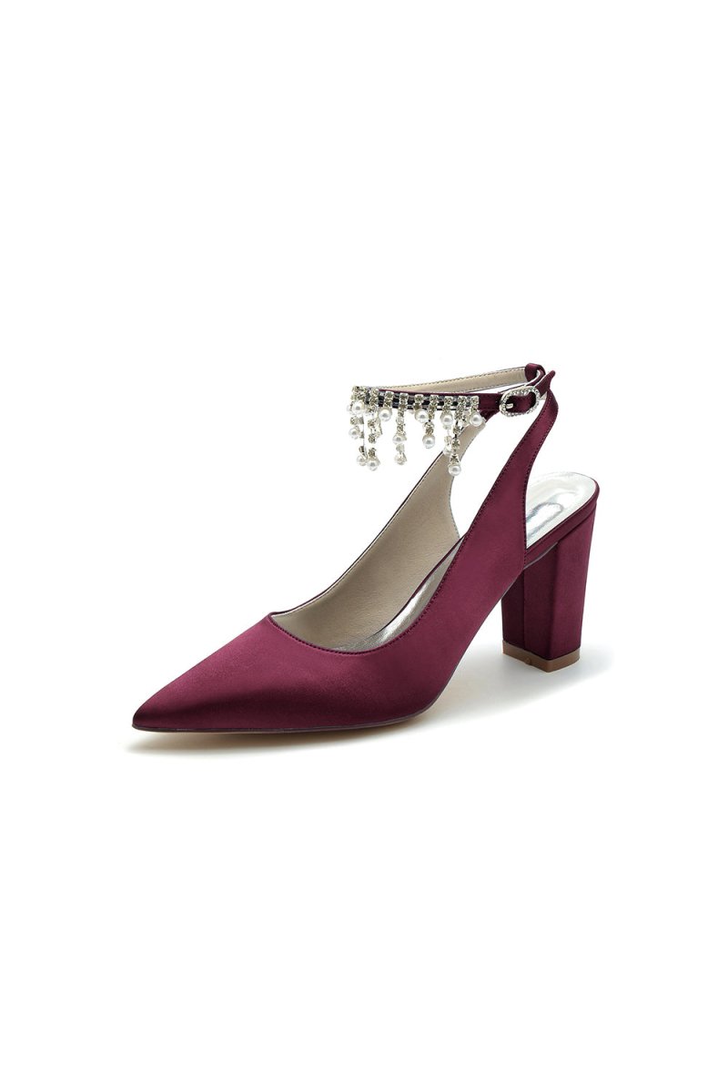 Pointed Toe Satin Chunky Heels With Pearl Tassel - KissProm