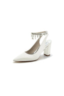 Pointed Toe Satin Chunky Heels With Pearl Tassel - KissProm