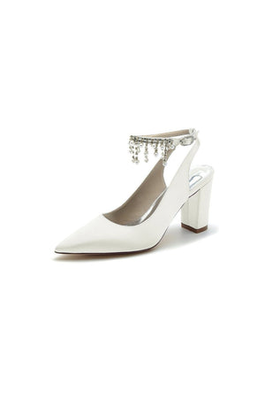 Pointed Toe Satin Chunky Heels With Pearl Tassel - KissProm