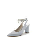 Pointed Toe Satin Chunky Heels With Pearl Tassel - KissProm