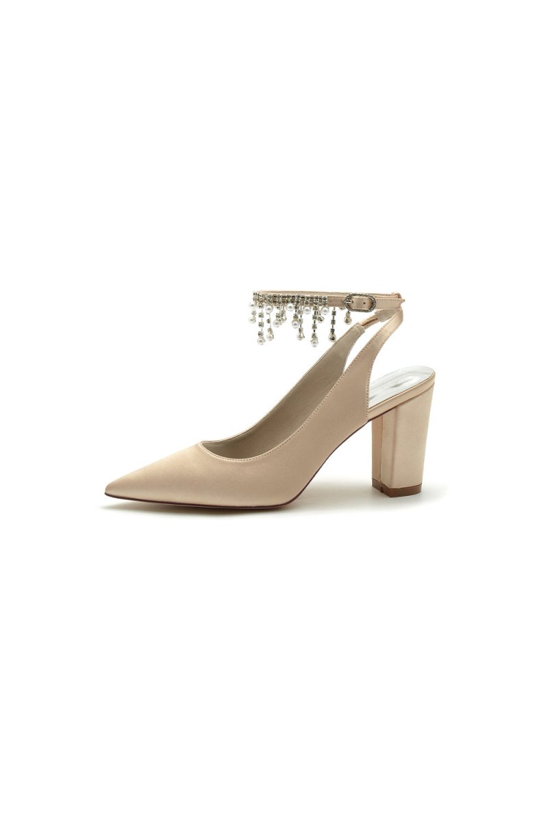 Pointed Toe Satin Chunky Heels With Pearl Tassel - KissProm