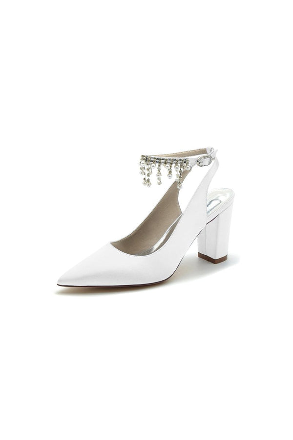 Pointed Toe Satin Chunky Heels With Pearl Tassel - KissProm
