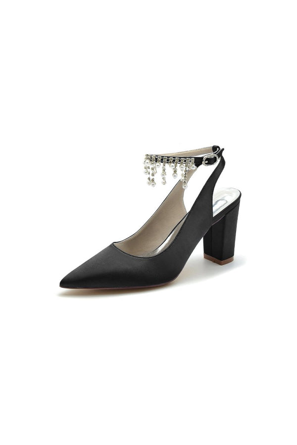 Pointed Toe Satin Chunky Heels With Pearl Tassel - KissProm