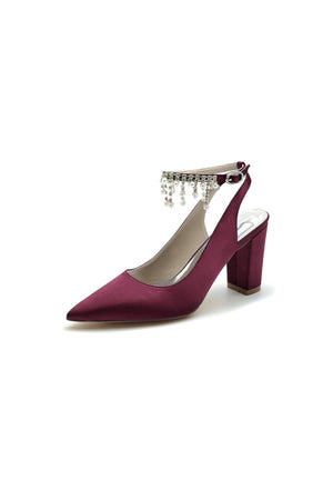 Pointed Toe Satin Chunky Heels With Pearl Tassel - KissProm