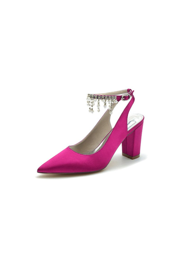 Pointed Toe Satin Chunky Heels With Pearl Tassel - KissProm
