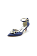Pointed Toe Satin Kitten Heels With Rhinestone - KissProm