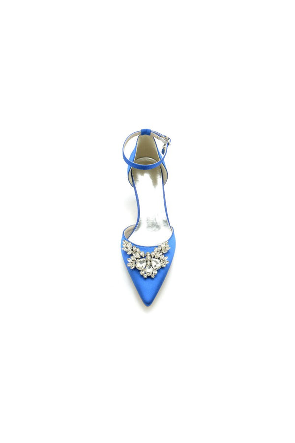 Pointed Toe Satin Kitten Heels With Rhinestone - KissProm