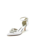 Pointed Toe Satin Kitten Heels With Rhinestone - KissProm