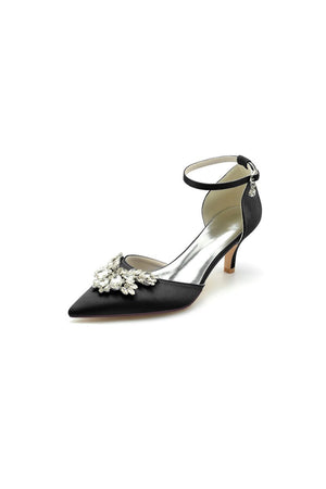 Pointed Toe Satin Kitten Heels With Rhinestone - KissProm