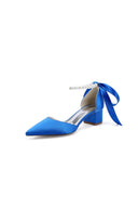 Pointed Toe Satin Pearl Ankle Strap Block Heels With Ribbon Tie - KissProm