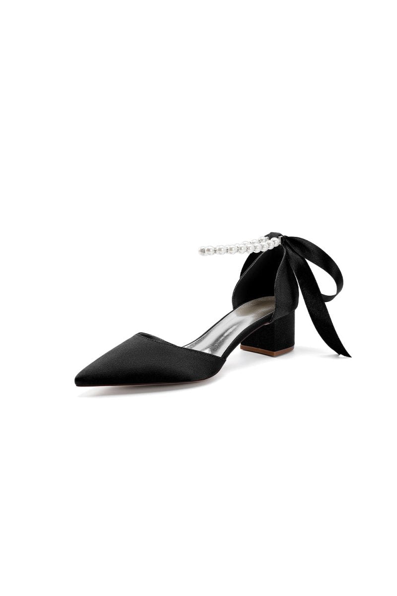 Pointed Toe Satin Pearl Ankle Strap Block Heels With Ribbon Tie - KissProm
