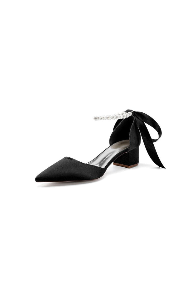 Pointed Toe Satin Pearl Ankle Strap Block Heels With Ribbon Tie - KissProm