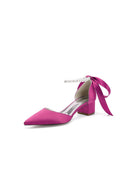 Pointed Toe Satin Pearl Ankle Strap Block Heels With Ribbon Tie - KissProm