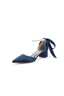 Pointed Toe Satin Pearl Ankle Strap Block Heels With Ribbon Tie - KissProm
