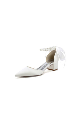 Pointed Toe Satin Pearl Ankle Strap Block Heels With Ribbon Tie - KissProm