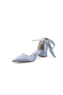Pointed Toe Satin Pearl Ankle Strap Block Heels With Ribbon Tie - KissProm