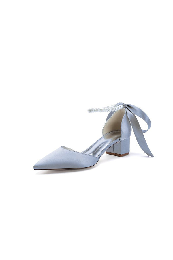 Pointed Toe Satin Pearl Ankle Strap Block Heels With Ribbon Tie - KissProm