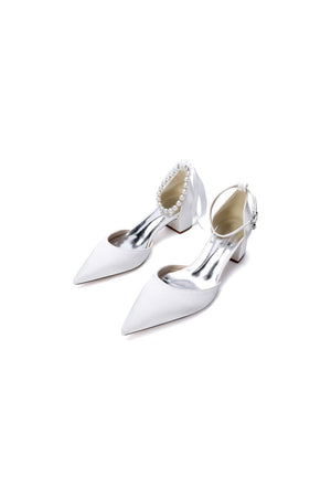 Pointed Toe Satin Pearl Ankle Strap Block Heels With Ribbon Tie - KissProm