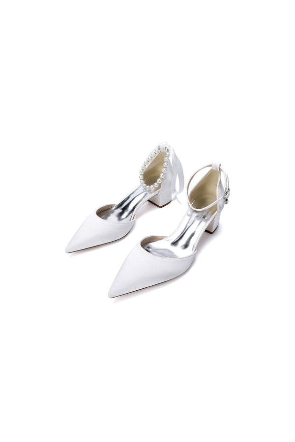Pointed Toe Satin Pearl Ankle Strap Block Heels With Ribbon Tie - KissProm