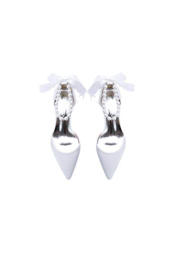 Pointed Toe Satin Pearl Ankle Strap Block Heels With Ribbon Tie - KissProm