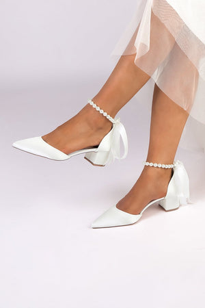 Pointed Toe Satin Pearl Ankle Strap Block Heels With Ribbon Tie - KissProm