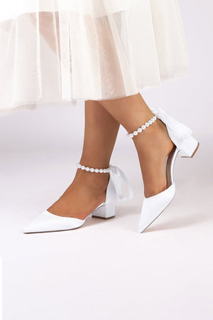 Pointed Toe Satin Pearl Ankle Strap Block Heels With Ribbon Tie - KissProm