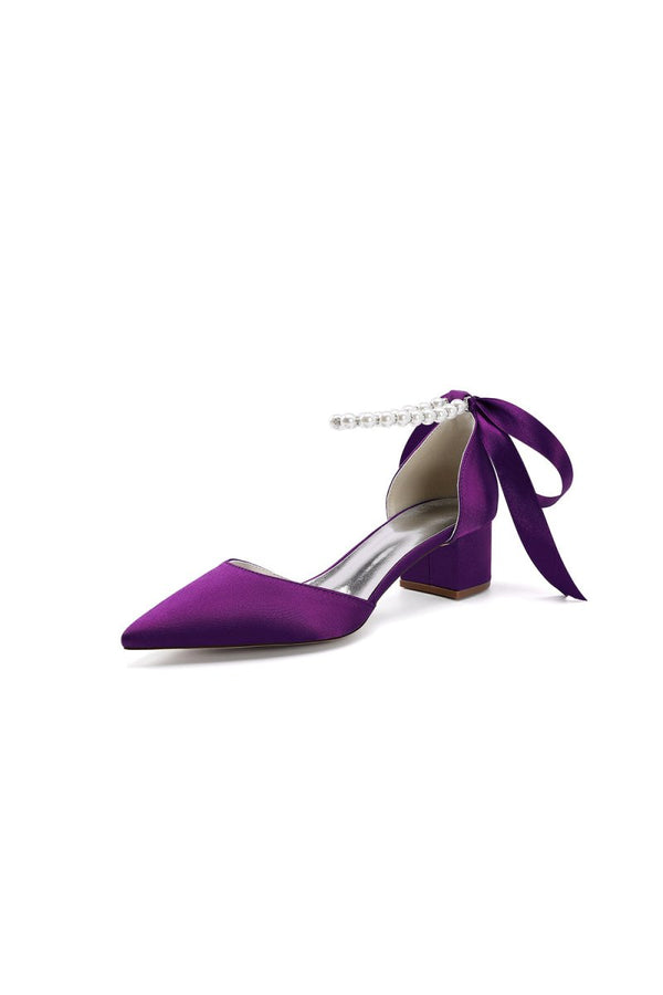Pointed Toe Satin Pearl Ankle Strap Block Heels With Ribbon Tie - KissProm